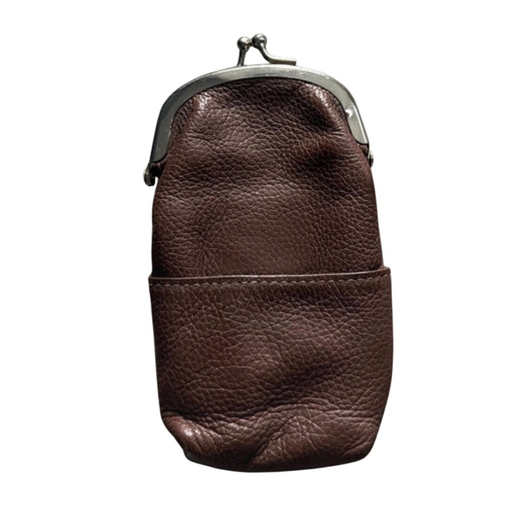 Vintage Brown Pebbled Genuine Leather Kiss Lock Coin Purse Cigarette Pocket 90s